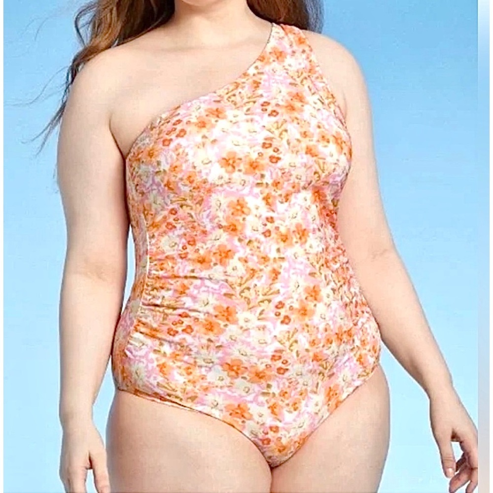 Kona Sol One Shoulder Orange Floral Print Shirred Sides & High Back Coverage.